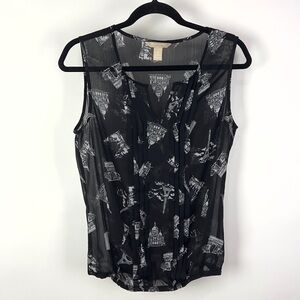 Banana Republic Black & White Eiffel Tower Print Sheer Sleeveles Top